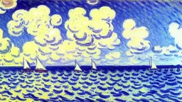 Sunny day, clouds, sea waves, alfred sisley painting