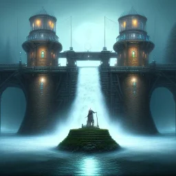 fantasy art, book cover, face of mad hairy wizard in front of the ebony stairs, a bridge or dam ,icy water