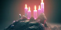 single pink crystal, on an altar in a foggy cave, cinematic,