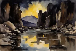 Night, rocks, gothic horror movies influence, puddle, mountains, epic, john singer sargent watercolor paintings