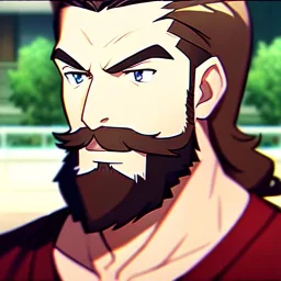 Clear focus, 8k, portrait, anime, beard, serious eyes, brown hair,