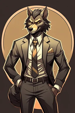 Buff, anthro, wolf, himbo, black fur, gold eyes, wearing a suit, full-body