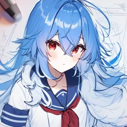 Clear focus, High resolution, rough line sketch art, cute, cartoon, medium blue hair, hair between eyes, fluffy hair, red eyes, wearing a sailor uniform, barely revealing