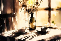 A table in a nice restaurant next to the window, meal, wine and flower on it, melting watercolor and black ink outlines on wet paper, soft, shading strokes, in sunshine, ethereal, otherwordly, cinematic postprocessing, bokeh, dof