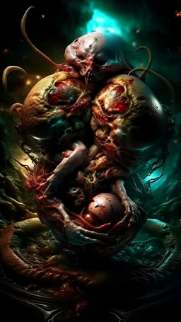 cinematic gore Bosch versus Dali style photorealistic fleshy vortex dmt lsd photo of 2 conjoined mangled googly-eyed insectoid embryonic bodies making love, 1 soul vortex, complementary, anatomically fragmented, ripped apart again being flayed, skinned alive. A beating heart, muscles, blood vessels, bowels, entrails are exposed. Visceral anatomy. physiology. Bosch and Dali inspired hallucinations. mythology. grotesque.