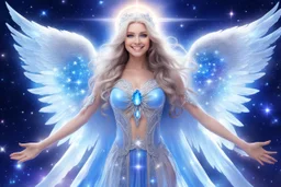 angel cosmic women with long hair, light eyes and blue brightness tunic, with a sweety smile, with big crystal wings, in a background of stars and bright beam in the sky