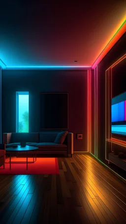 Generate an image of a room with customizable LED strips, demonstrating different colors and brightness levels to set the mood.