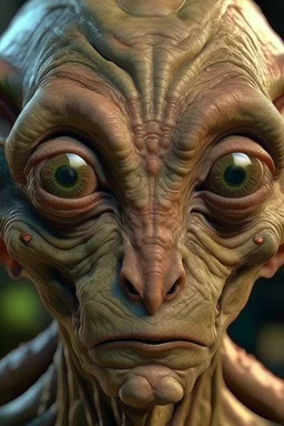 Plano general, hyperrealista, ultra HD, of a beautiful out of this world old alien , cobriza textured skin, expanded skull, tribal joys of large eyes, almendrados, redundas and dark pupils, small noses and ancha, small nasal fosas, fine lips, pointed ears. background of the figura entorno selvático