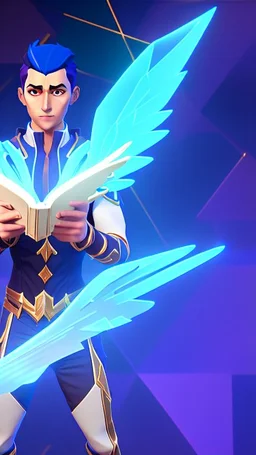 a human male with blue short hair and blue wings in assymetrical armor with geometric patterns and a book in hand, geometric wings