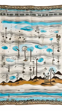A white cloudy sky with icy music notes designed in Navajo woven art painted by Salvador Dali