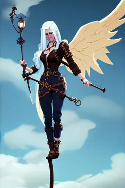 blue sky billowing clouds, blonde steampunk angel holding staff