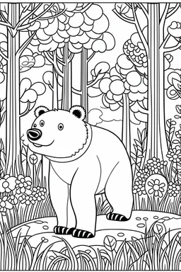 a brown bear in a charming European woodland., clean line art, monochrome, for kids coloring book