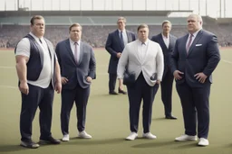 Overweight white politician wearing a suit; group of thin, muscular athletes in sports clothes; outside, sports field; realistic, photographic