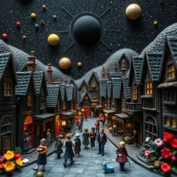 Detailed, people, street made of modeling clay and felt, village, stars, galaxy and planets, black sun, volumetric light, ZBrush, Max Ernst, flowers, naïve, Tim Burton, strong texture, extreme detail, Yves Tanguy, decal, rich moody colors, sparkles, Harry Potter, bokeh, odd