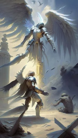 angel reaching a dead paladin, battlefield in the background