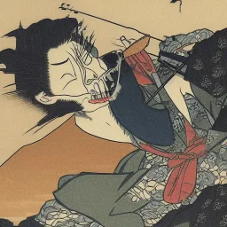 Knive in Skull in water smoking by Hokusai