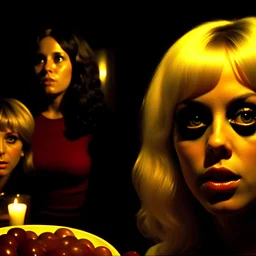 Horror movie shot, spooky, hot, ultra realistic, dine, giant eyes, bones, ultra realistic hot blonde women, party, pieces of meat, organs, ail, dynamic, very excited people, hypermaximalist figures, light, 1970's Italian horror movie, sinister,, Dario Argento, Stanley Kubrik, ornate, 4k, photorealism