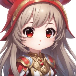 close-up headshot of a chibi girl with long brown hair, red eyes, cute, childlike, intricately detailed, masterpiece, anime, 4k