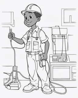 coloring page, depicting a black boy as a Electrician, full body, outline, black and white, highly defined, well defined, white background, empty background, cartoon style, coloring book style