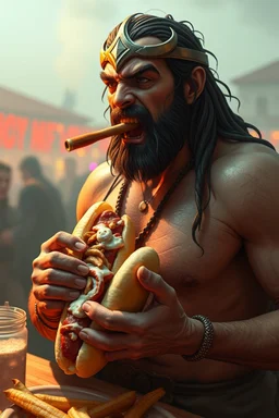 the demigod of boobs eating a hot dog