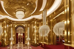 Inside an Art Deco Opera foyer, with mirrors and brass sconces, incandescent, gleaming, people in glittering extravagant costumes with feathers