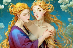 colourful digital painting of beautiful aphrodite full body embracing old man, in the style of hokusai and van gogh