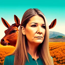 Convertir foto en caricatura grotesca conservando la misma imágen, cara de la mujer con orejas de burro grandes, cuerpo completo, hiperdetallado obra de arte, arte gráfica 2d colores contrastantes, prado, fondo naranja degradado coherente, 4k