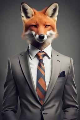 Fox dressed in an elegant and modern suit with a nice tie. Fashion portrait of an anthropomorphic animal, shooted in a charismatic human attitude - Generative