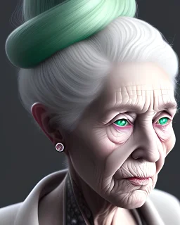 Portrait of an old woman with green eyes and white hair in a bun