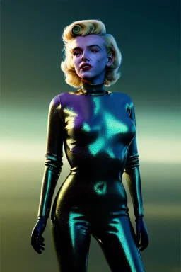 Ultra Realistic retro sci-fi scene, portrait, blonde woman, sweet young Marilyn Monroe face, perfect iris, tight latex coat, Strange planet background, Retro sci-fi style helmet, fog, rain, soft color, highly detailed, unreal engine 5, ray tracing, RTX, lumen lighting, ultra detail, volumetric lighting, 3d, finely drawn, high definition, high resolution.