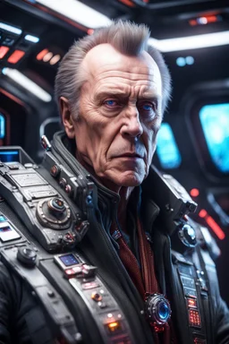 airbrush and pen outline, really macho pimp Christopher Walken orc wolf captain that go hard sitting in space station cockpit , in front of space portal dimensional glittering device, bokeh like f/0.8, tilt-shift lens 8k, high detail, smooth render, down-light, unreal engine, prize winning