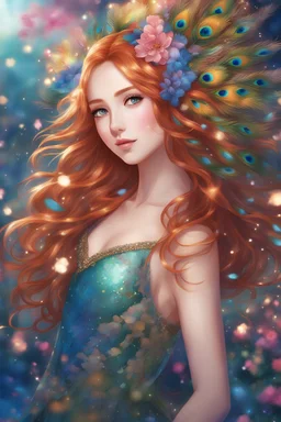Super detailed illustration of a beautiful anime girl character with flowing ginger hair in a dress fully covered in glittering peacock feathers, lovely sparkling blue eyes, full body view, surrounded by a landscape full of various colorful flowers and twinkling lights, very colorful, vibrant colors, digital painting, high detailed, high quality, 4k