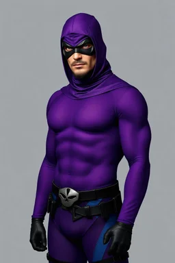 full-length, A portrait of a the Phantom, a man with piercing blue eyes, a chiseled jaw, goatee, timeless face, stern expression, Wearing a skintight formfitting purple cotton hero suit with a skintight cowl with a widows peak that fits tight to his head, but does not cover his face or his forehead , he wears a thin, black leather, bandit eye disguise over his eyes, black and blue diagonally striped trunks, dual-holstered pistol belt adorned with a triangle skull-shaped buckle, leg straps, boot