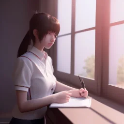 female student studying by the window, anime style, unreal engine 5, sun light, studio lighting --ar 1:1 --v 4