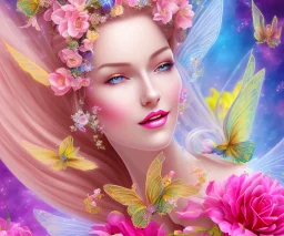 beautiful bright fairy portrait who smiles with long hair, thin face, two hands, two transparent wings on her back in a pink,blue, yellow flowers background,