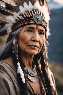 Photo of an old Native American female with weathered skin and long gray hair. Film, cinematic lighting. Wearing traditional clothing, including a headdress adorned with feathers. There is a stoic expression on her face. Background scene is a mountain range, amazing beautiful film set, ultra realistic, perfect eyes and pupils, highly detailed skin texture, perfect eyes and pupils, bokeh, sharp features, close up portrait photo by Annie Leibovitz, film, studio lighting, detailed skin