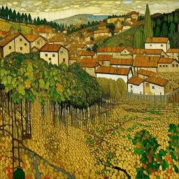 A brown underground mining village covered in vines painted by Gustav Klimt