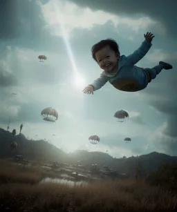 Ultra realistic thriller sky scene, portrait, Childs flying with trinkets, smile, happy, steampunk style, wind, clouds, color fog, soft color, highly detailed, unreal engine 5, ray tracing, RTX, lumen lighting, ultra detail, volumetric lighting, 3d, finely drawn, high definition, high resolution.