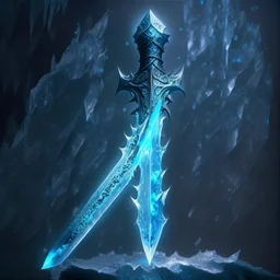 A fantasy sword that is a slender, translucent blade made of iron, shimmering with an ethereal blue glow. Its hilt is crafted from ice, leading to a vibrant crystal at the pommel. With a black background behind it.