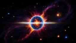 photo from An awe-inspiring, ultra-high-definition 3D render depicting the Big Bang explosion. The explosion's center is a swirling vortex of intense blue, red and yellow hues, radiating energetic particles. The deep space backdrop features celestial bodies and cosmic phenomena, providing a perfect contrast to the explosion. The image exudes a high-contrast, ultra-clear, and ultra-realistic quality that captures the essence of the cosmic event.