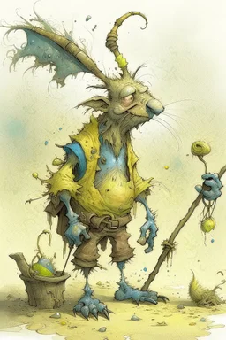 artist Jean-Baptiste Monge style. a unhappy, disgruntled biomorph tall lanky skinny fuzz-headed old dust bunny. skinny arms, legs and body. covered all over in bits of dust and dirt. blue eyes. A yellow dotted green raggedy apron. holding a mop and pail. standing in a cloud of dust. large bits of dirt flying around his head. In Style of Tim Burton
