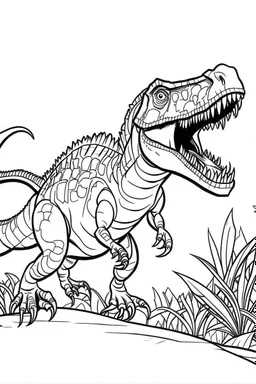 create a coloring page Show a juvenile T-Rex practicing its hunting skills under the watchful eye of its parent. This can involve chasing after smaller dinosaurs or scavenging for food.ink drawing clipart, simple line illustrations, colored