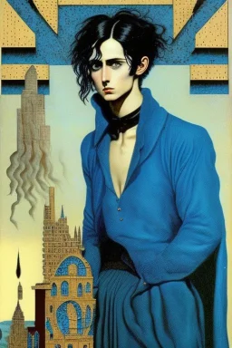 young black haired blue eyed wizard in the style of max ernst