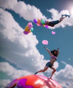 Ultra realistic speed clouds sky scene, wide angle view, sweet women falling down, inflatable color clothing, free jumping flying, many trinkets, hair monster, many jelly beans, balls, color smoke, smile, happy, circus style, extreme, wind, clouds sea, 20,000 feet altitude, stratosphere, soft color, highly detailed, unreal engine 5, ray tracing, RTX, lumen lighting, ultra detail, volumetric lighting, 3d, finely drawn, high definition, high resolution.