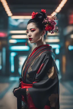 Ultra realistic photo beautiful cyberpunk geisha woman , futuristic style, HOF, captured with professional DSLR camera, 64k, ultra detailed,