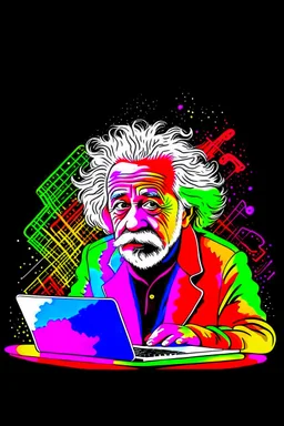 albert einstein in with laptop vivid colors