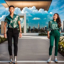 fullbody shot of girl wearing a dark green-silver blouse pants with pretty boots and a boy with causal clothing in modern ,flowers ,pretty clouds in blue sky,city escape.