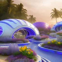 landscape of summer tropical ambient beutiful villa white gold and neon lights bright and colorful bright gloss effect of a futuristic house,like spaceship, natural round shapes concept, large transparent view of the open outdoor garden,sea beach at sunset, gold crystals,with light pink, flowers of Lotus, beutiful pools, light of sun , palmiers,cerisiers en fleurs, wisteria, sun , stars, small waterfalls