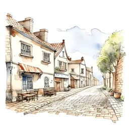 A cozy charming depiction of a typical Tasmanian street with cobblestone paths, outdoor cafes, and vintage architecture, watercolor illustration 2D drawing, in white background