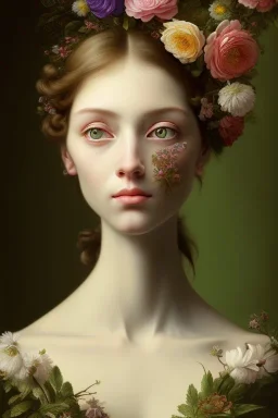 a realistic painting of flowers, by jaques louis david, mixed media, textured, anatomically correct, beautiful perfect face, green eyes, sharp focus, highly detailed